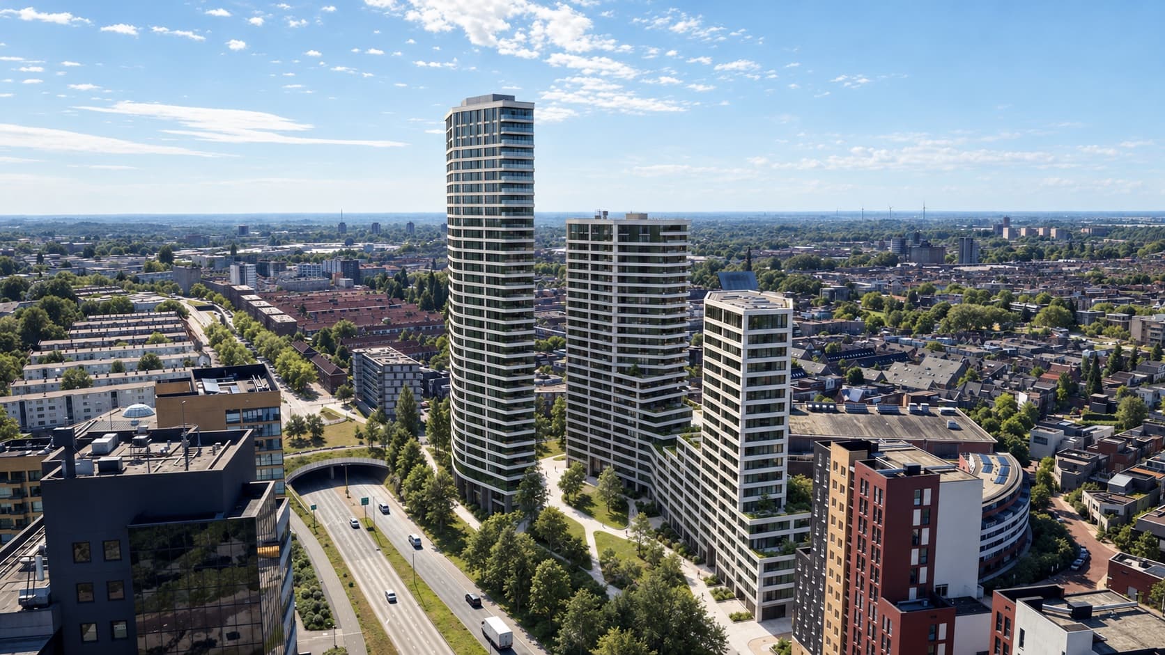 Artist impression van LEAD Leiden vanuit het zuidoosten: drie torens aan de Willem de Zwijgerlaan met het stadspark