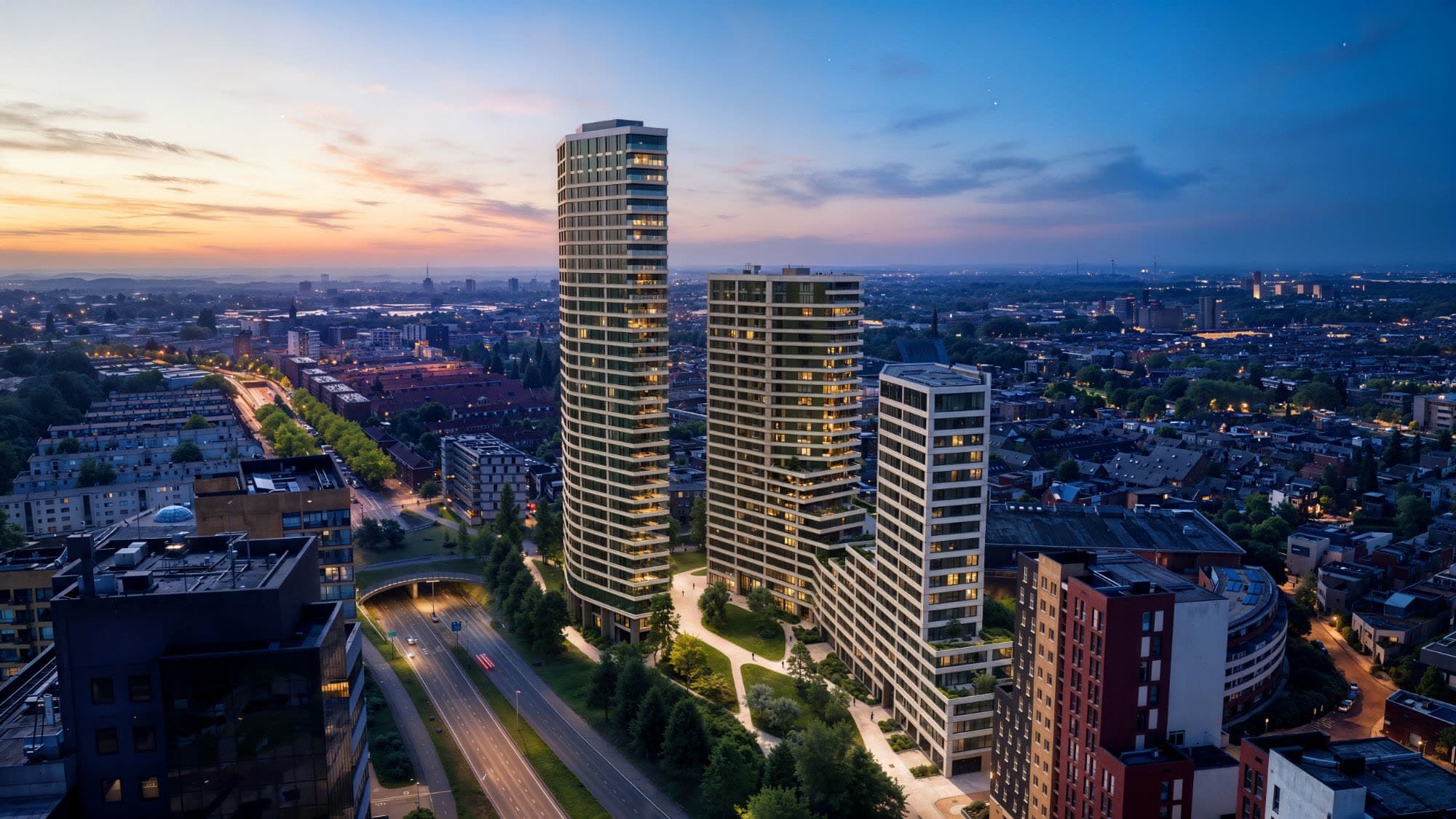 Artist impression of LEAD Leiden at dusk, seen from the south-east