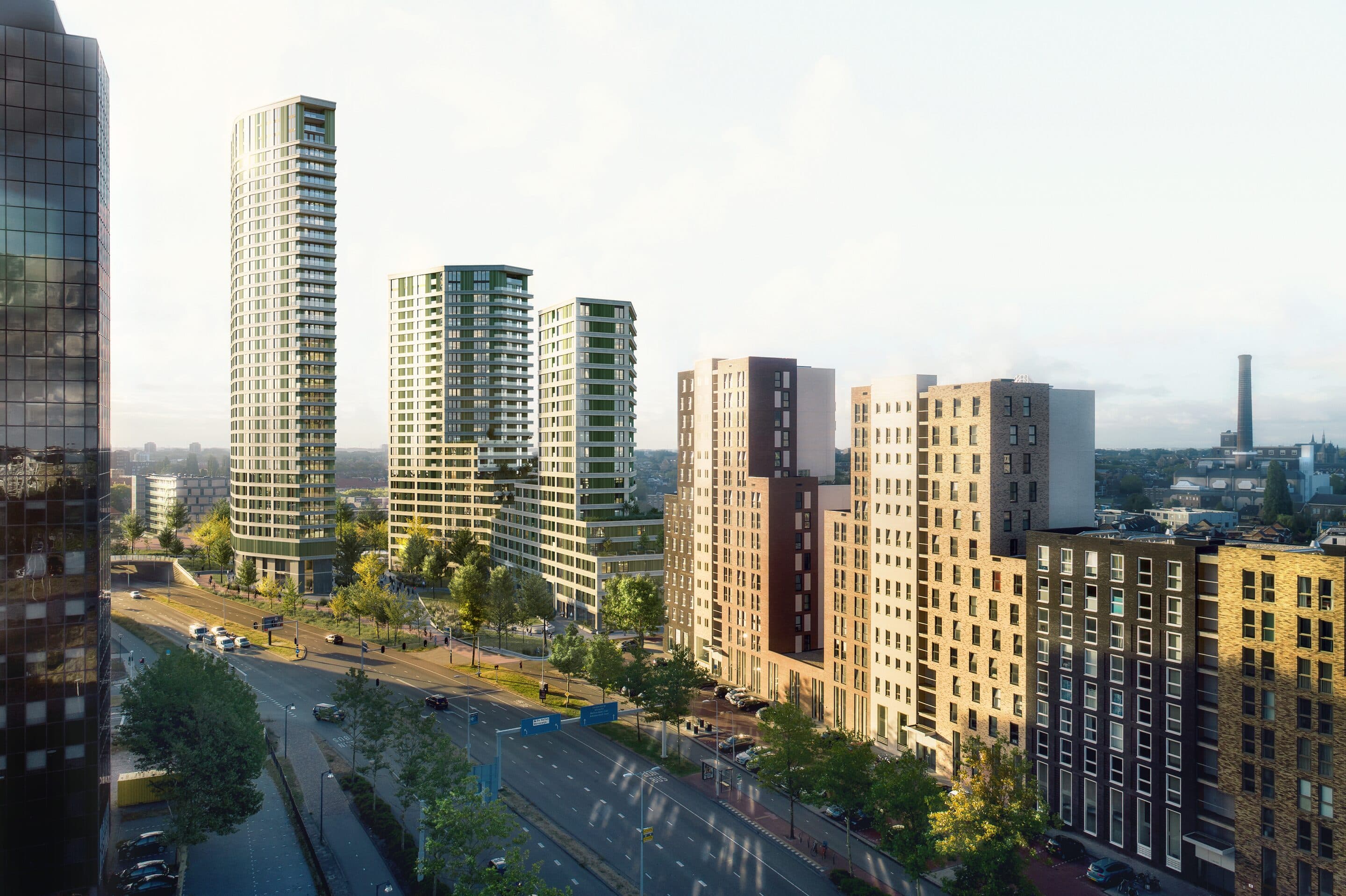 Artist impression seen from above the Willem de Zwijgerlaan in Leiden: the three LEAD towers with green vertical fins rise beside the avenue, with brick apartment blocks in front and the low city beyond.