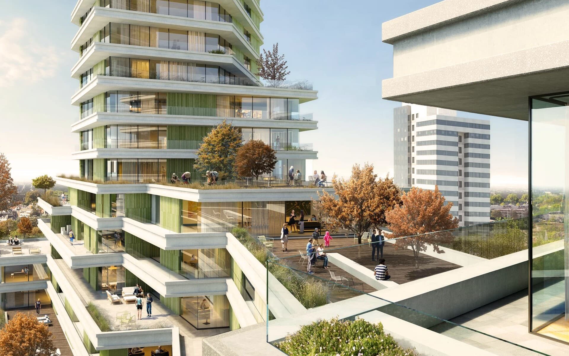 Artist impression of the stepped, terraced base of LEAD: a shared roof terrace with autumn trees where residents and children gather, with balconies stepping down below.