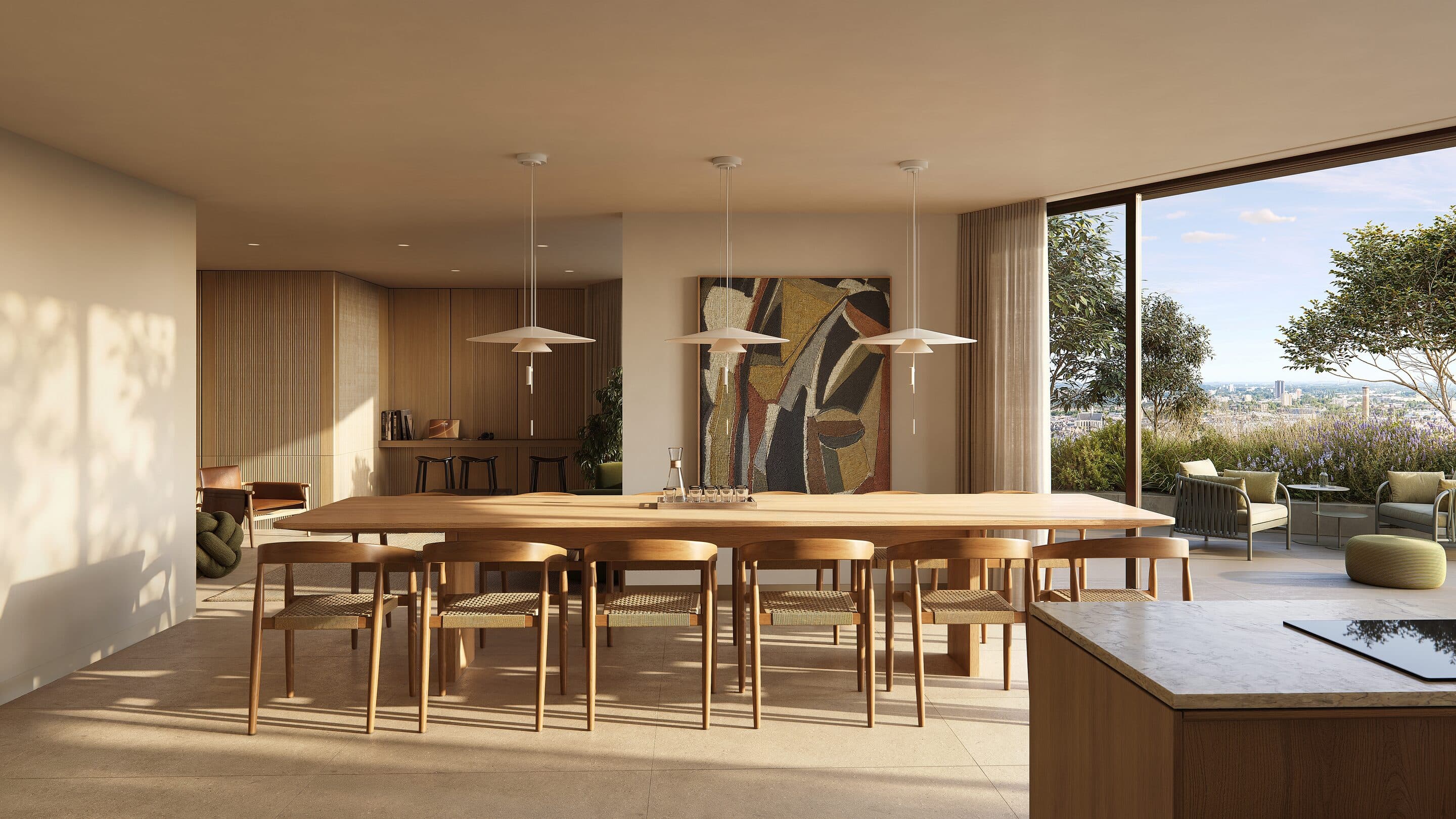 Artist impression of a light dining room with a long oak table, pendant lamps and a kitchen island, opening onto a planted terrace.