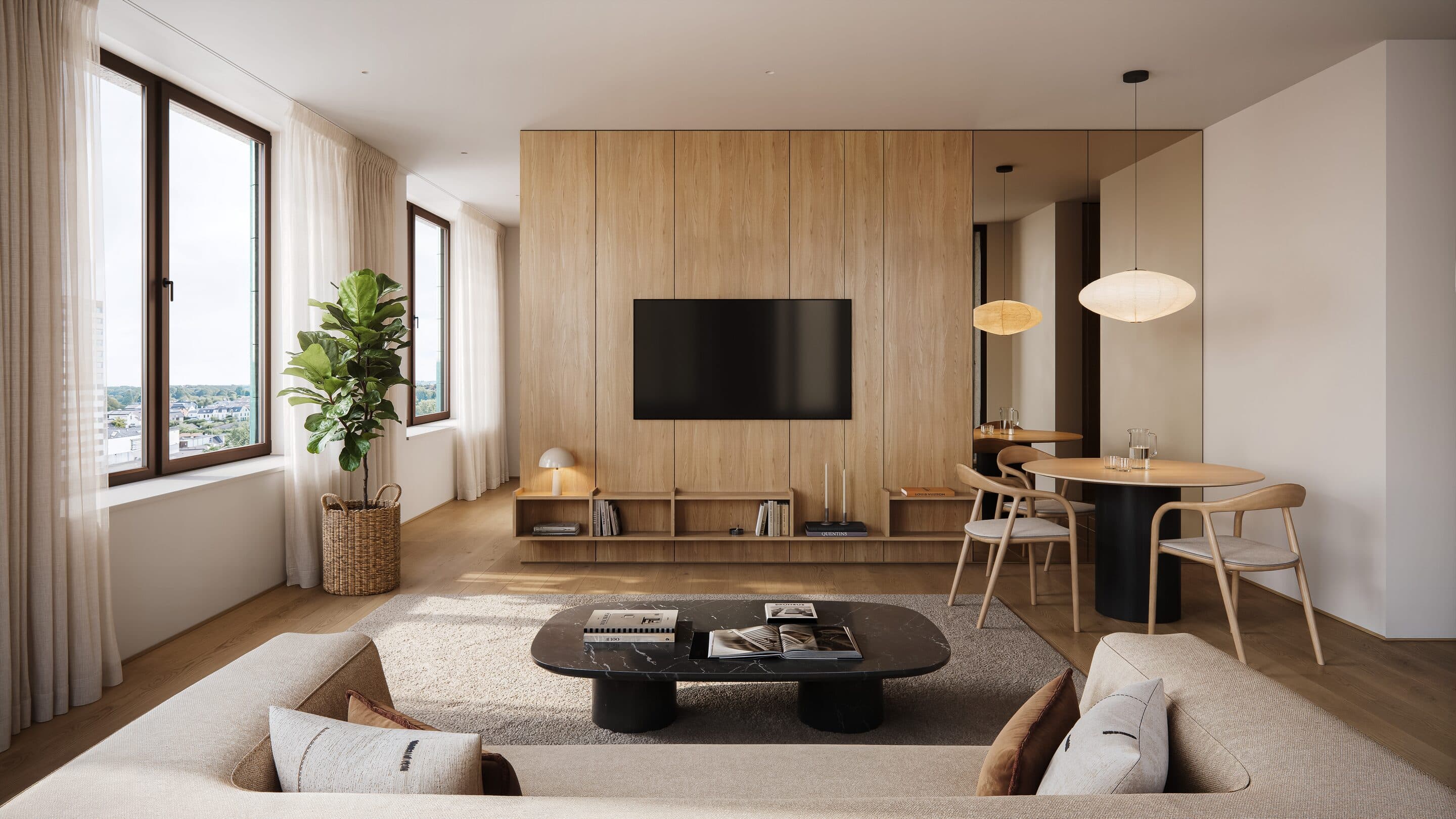 Artist impression of a living room with an oak feature wall, beige sofas and a round dining table, with windows looking out over the city.