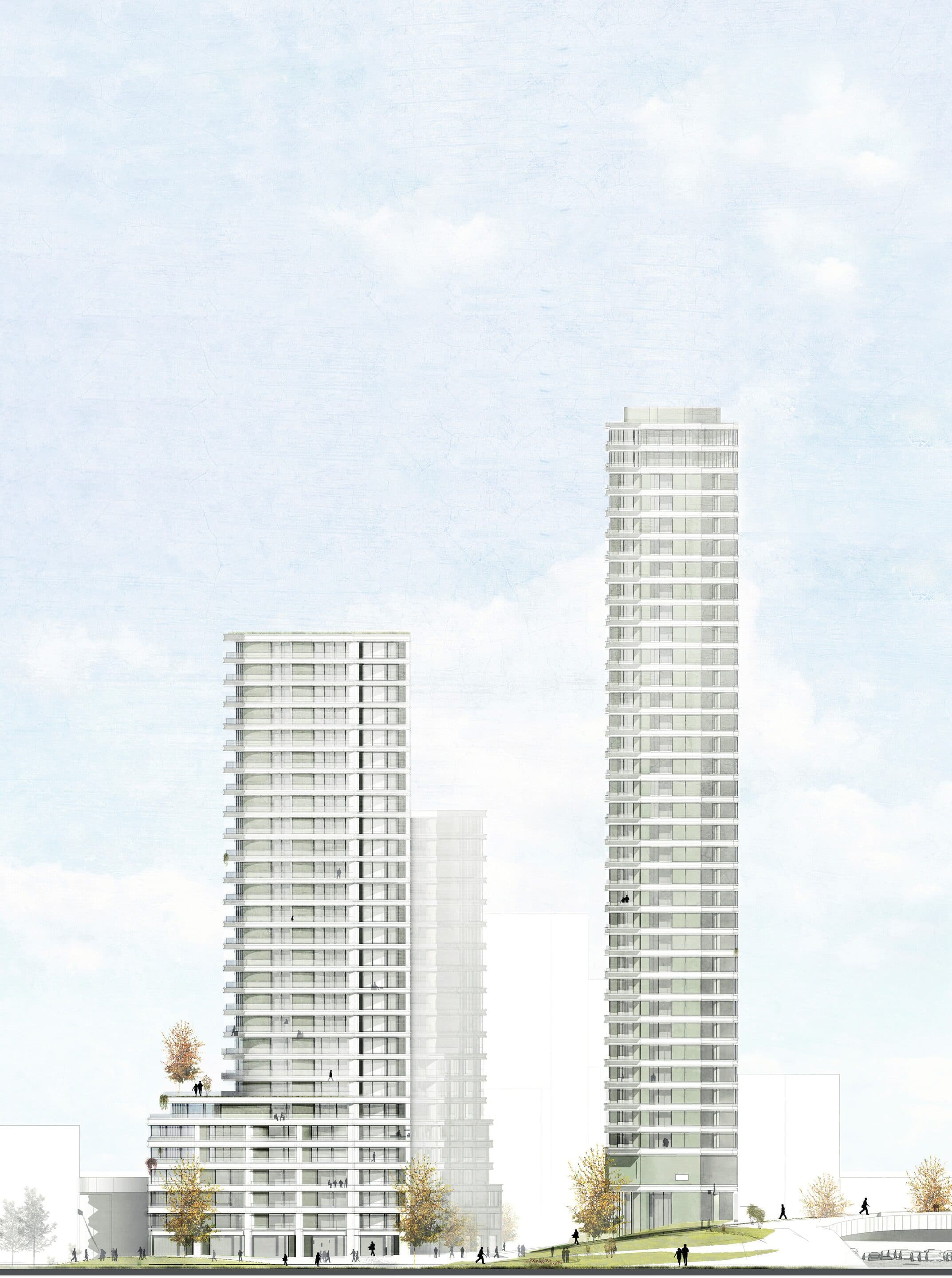 Watercolour elevation of the LEAD towers rising from their terraced base against a pale sky.