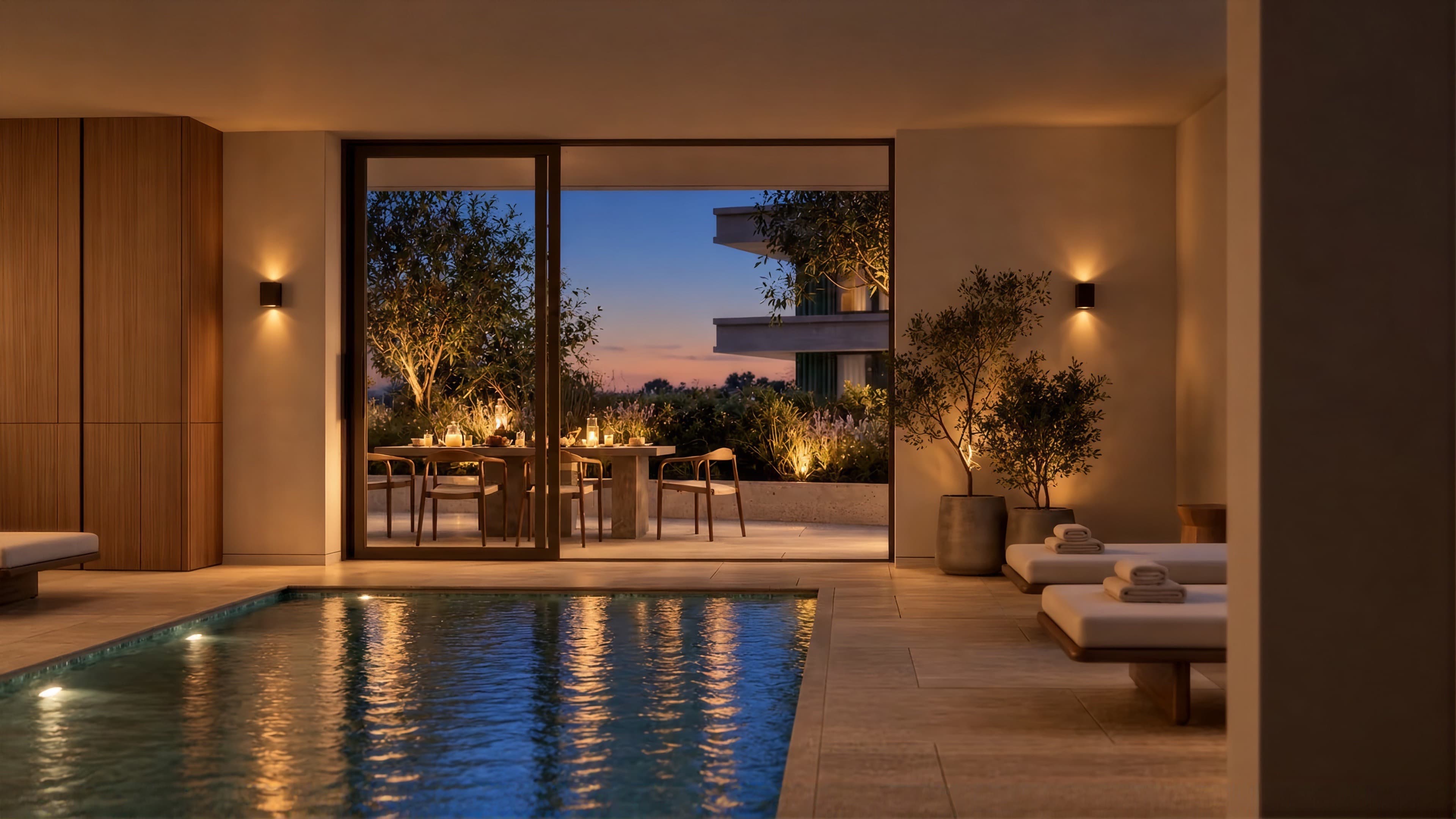 Artist impression of an indoor pool at dusk, lit by wall lamps, with stone floors, loungers with folded towels and olive trees in pots, opening through a tall glass door onto a planted terrace with a candlelit table.