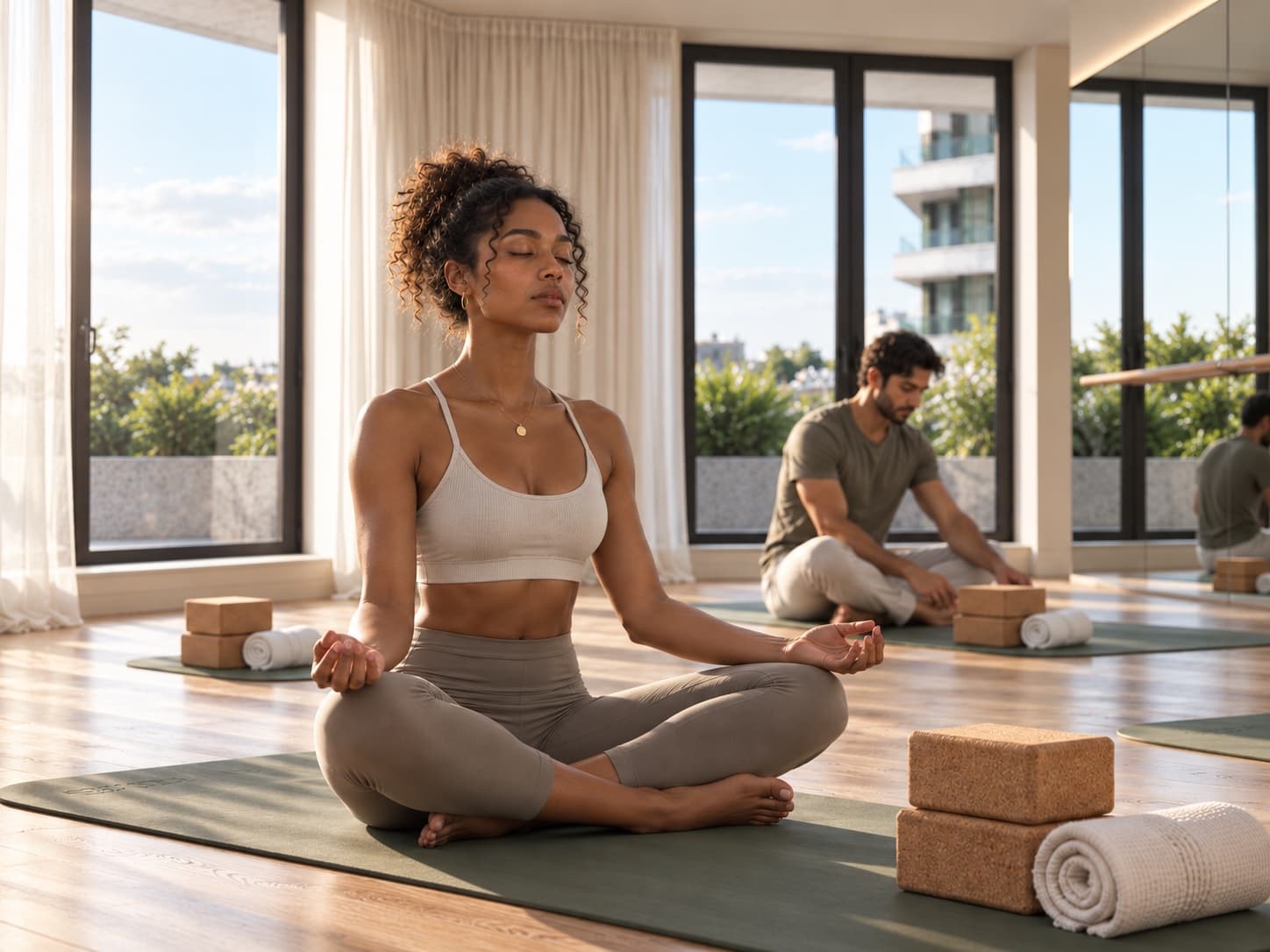 Artist impression of residents doing yoga in a sunlit studio: a woman sitting cross-legged on a green mat with cork blocks and a rolled towel, a man behind her, and tall windows onto a planted terrace.