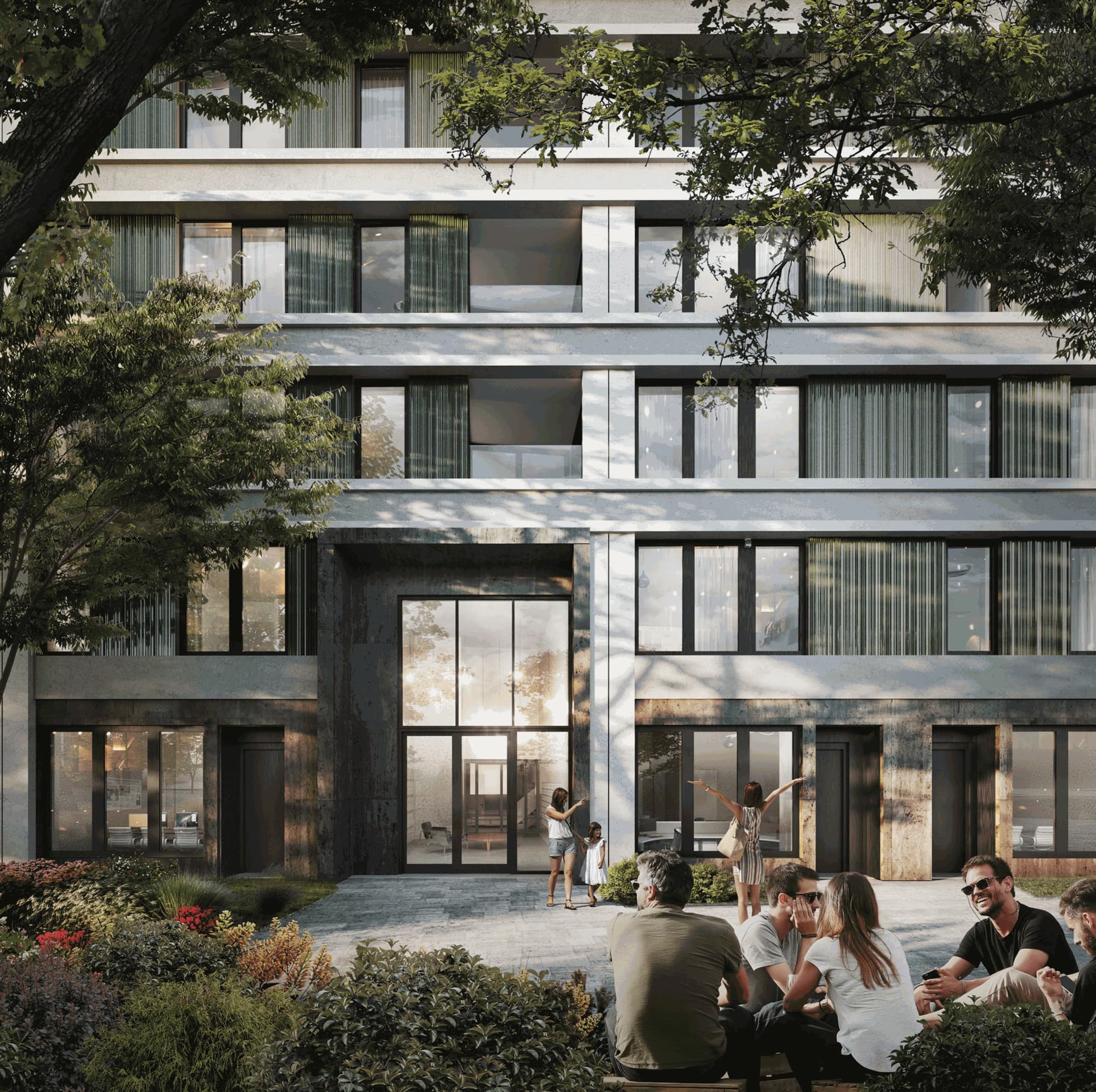 Artist impression of the entrance of LEAD seen from the garden under trees: tall glazing in a dark stone frame between pale horizontal bands, a mother and child at the door, and a group of people sitting among the planting.