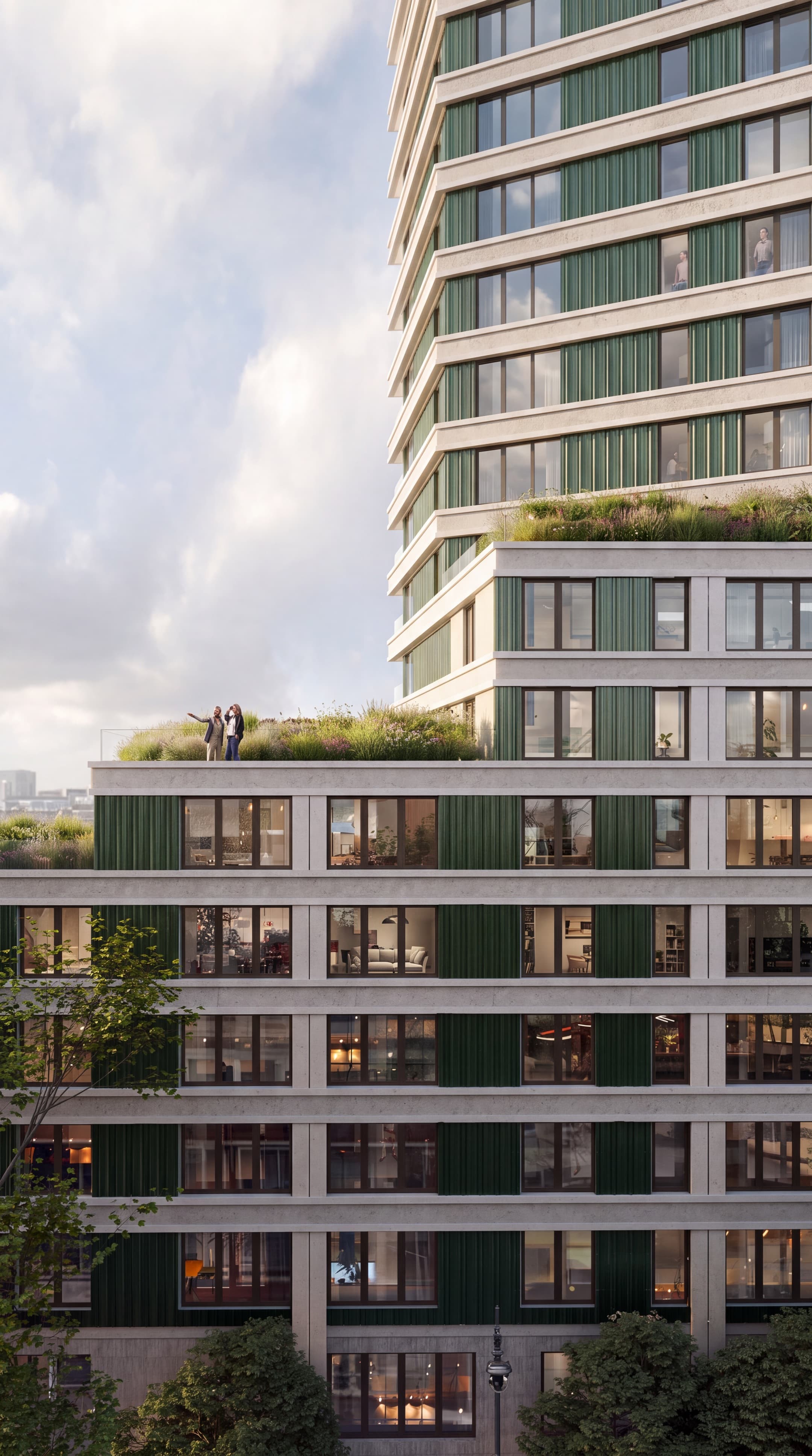 Artist impression of a LEAD tower rising above a lower block: pale horizontal bands with green fins between the windows, two people looking out from the planted roof garden of the lower block, and trees along the street.