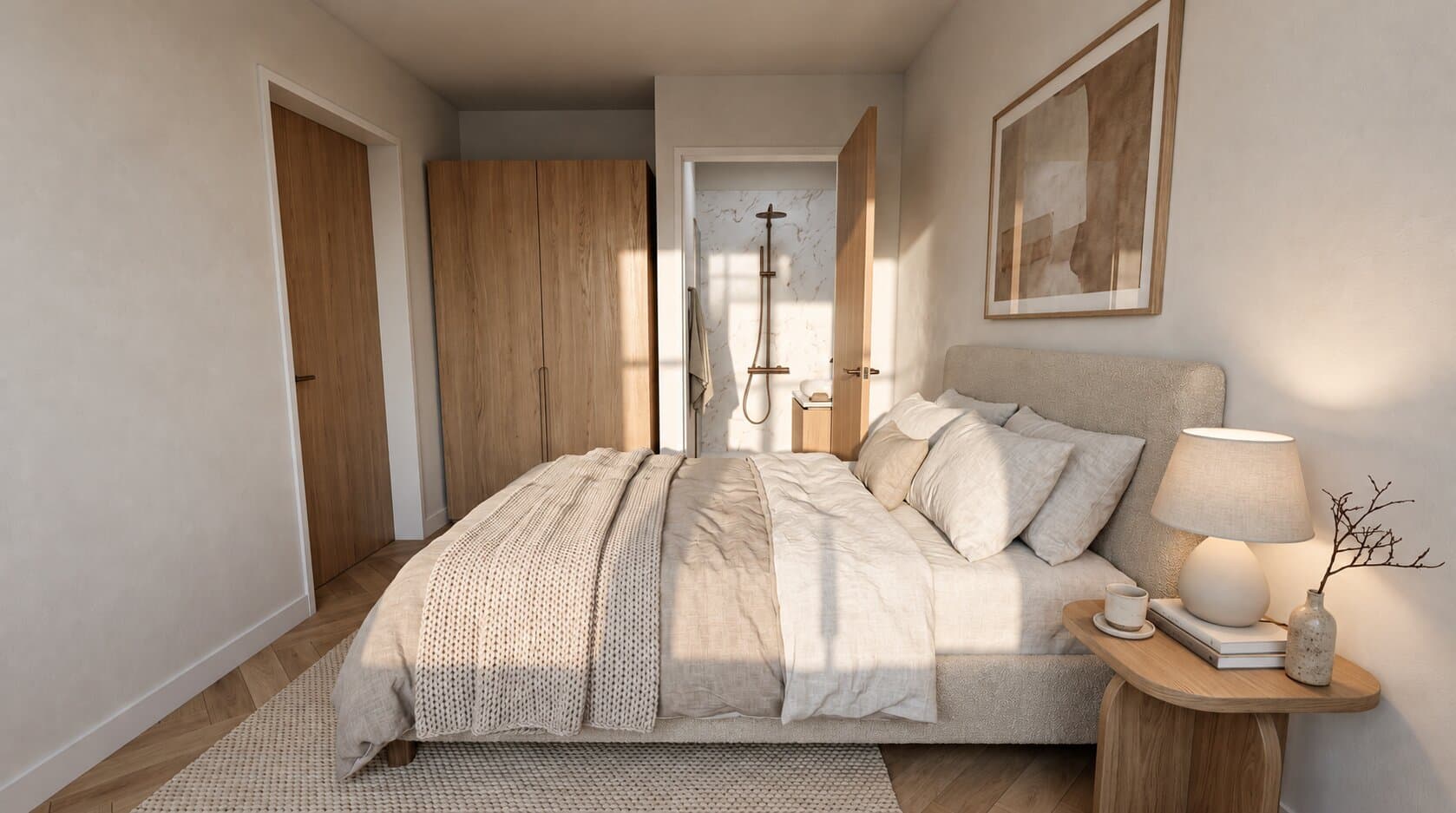 Artist impression of a bedroom in soft sunlight: a bed with an upholstered headboard, linen bedding and a knitted throw, a wooden bedside table with a lamp, an oak wardrobe, and an open door to a marble shower.