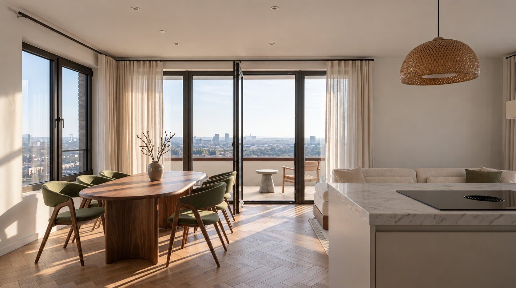 Artist impression of a dining room on a corner in low sunlight: an oval walnut table with green chairs, windows on two sides and open glass doors to a balcony with a view over the city, a cream sofa and a marble kitchen island under a woven pendant lamp.