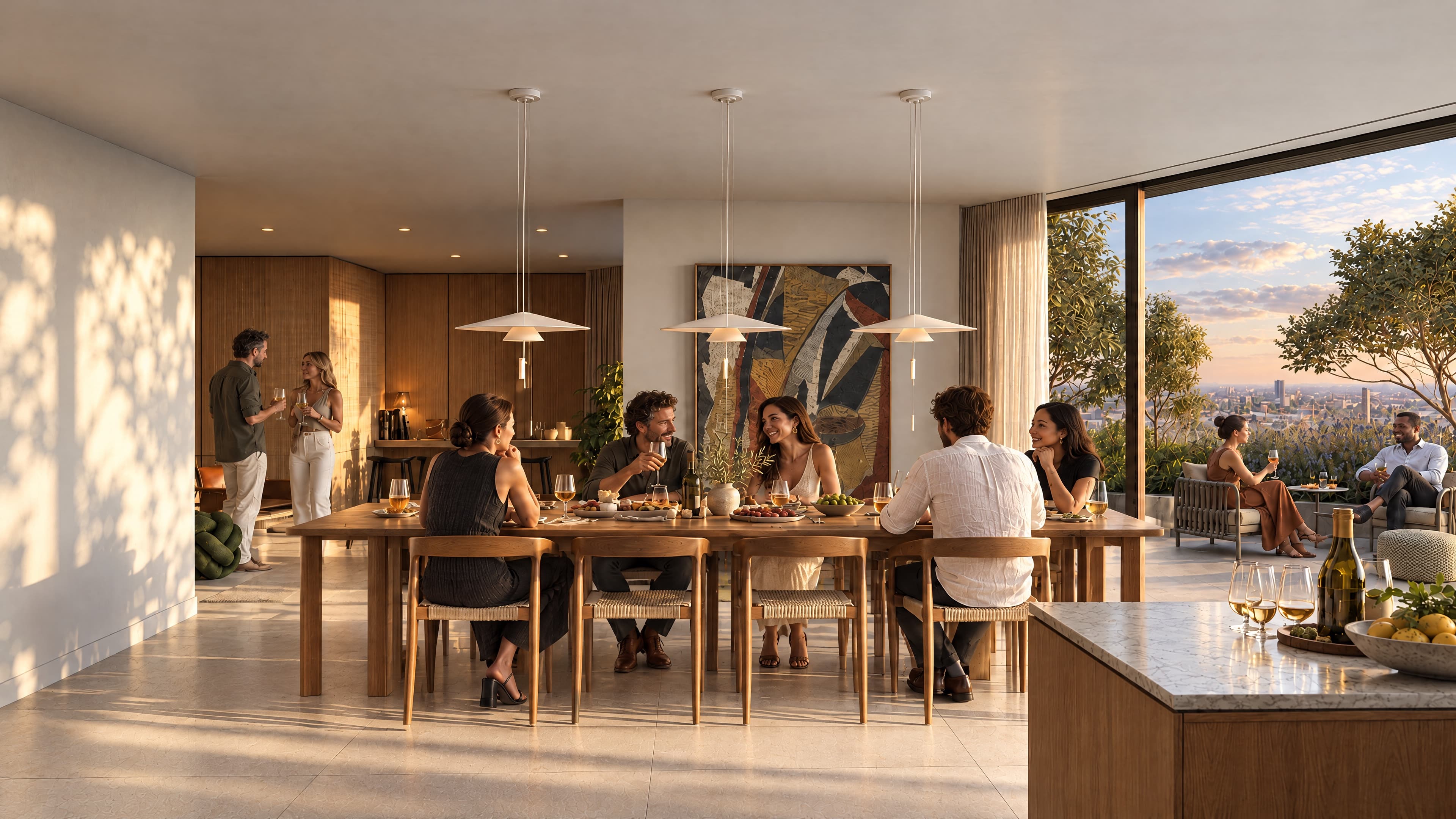 Artist impression of friends at dinner around a long wooden table under three white pendant lamps, with a large abstract painting on the wall, a kitchen island with wine and lemons in front, and tall glass doors open onto a terrace where two people sit with a view over the city at sunset.