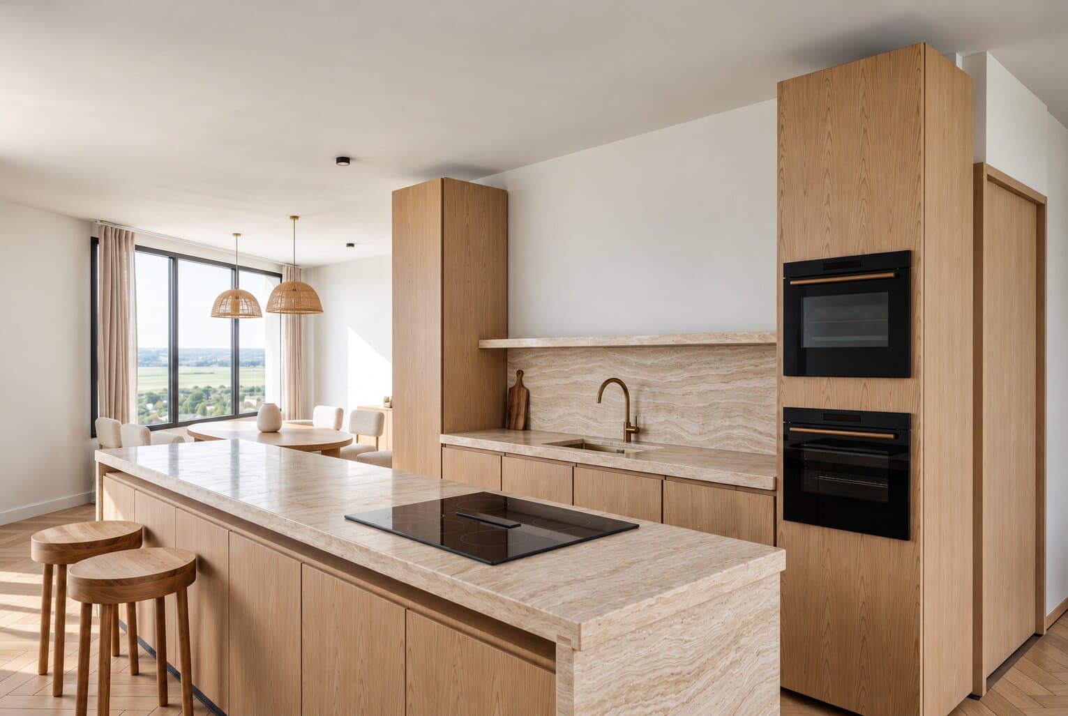 Artist impression of a kitchen with oak cupboards, two black ovens and a travertine island with a hob and two wooden stools, looking through to a round dining table under two woven pendant lamps and a tall window over the green.