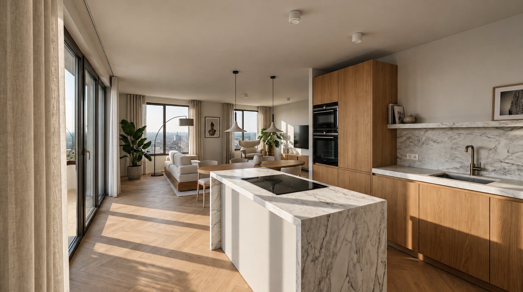 Artist impression of an open kitchen with oak cupboards and a marble island with a hob, looking through to a dining table, a cream sofa and windows over the city, with linen curtains and glass doors to a balcony on the left.