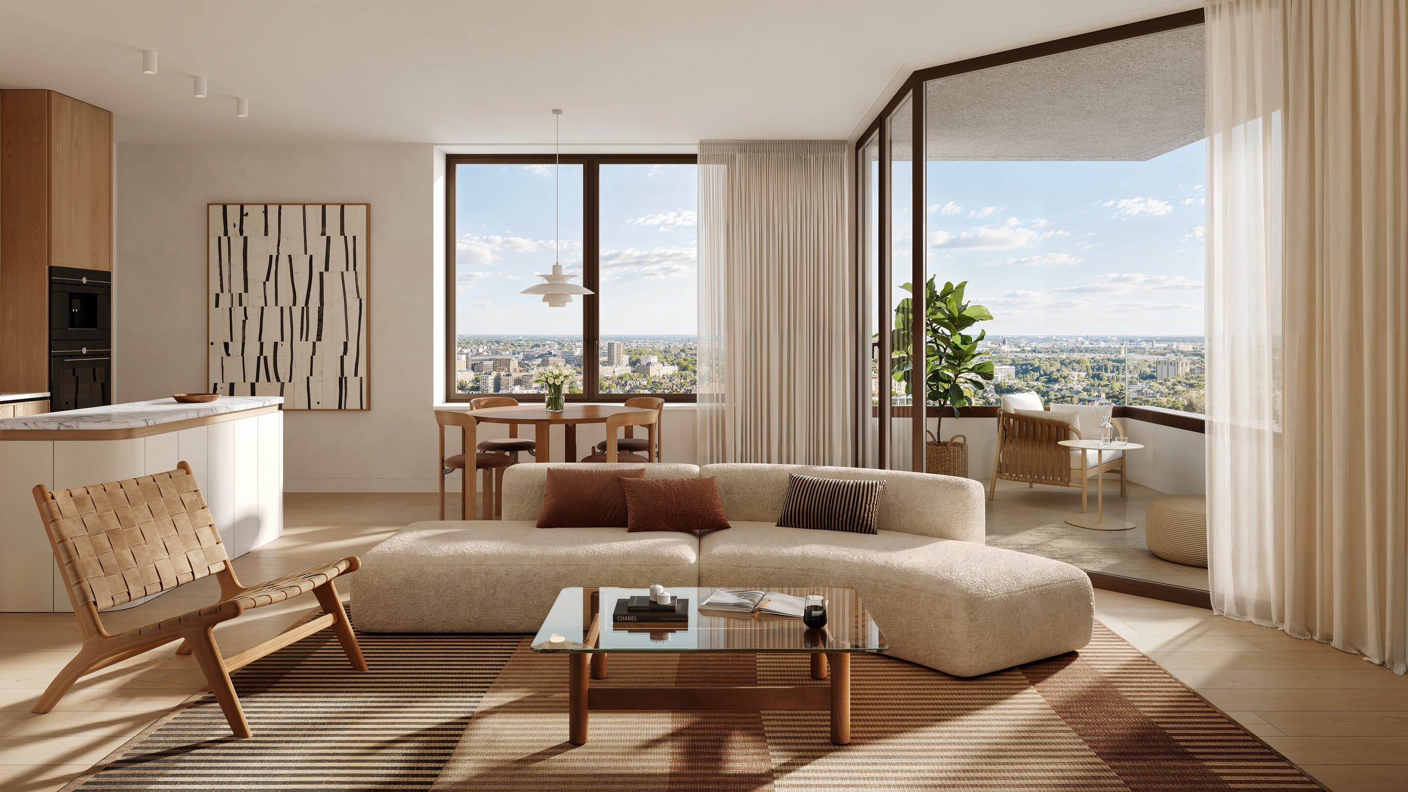Artist impression of a corner living room with floor-to-ceiling windows on two sides and a view over the city under a summer sky: a curved cream sofa, a woven lounge chair, a round dining table by the window and an open kitchen with a marble island, with a covered balcony at the corner.
