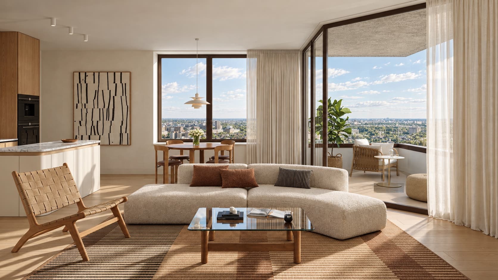 Artist impression of a corner living room with floor-to-ceiling windows on two sides and a view over the city under a summer sky: a curved cream sofa, a woven lounge chair, a round dining table by the window and an open kitchen with a marble island, with a covered balcony at the corner.