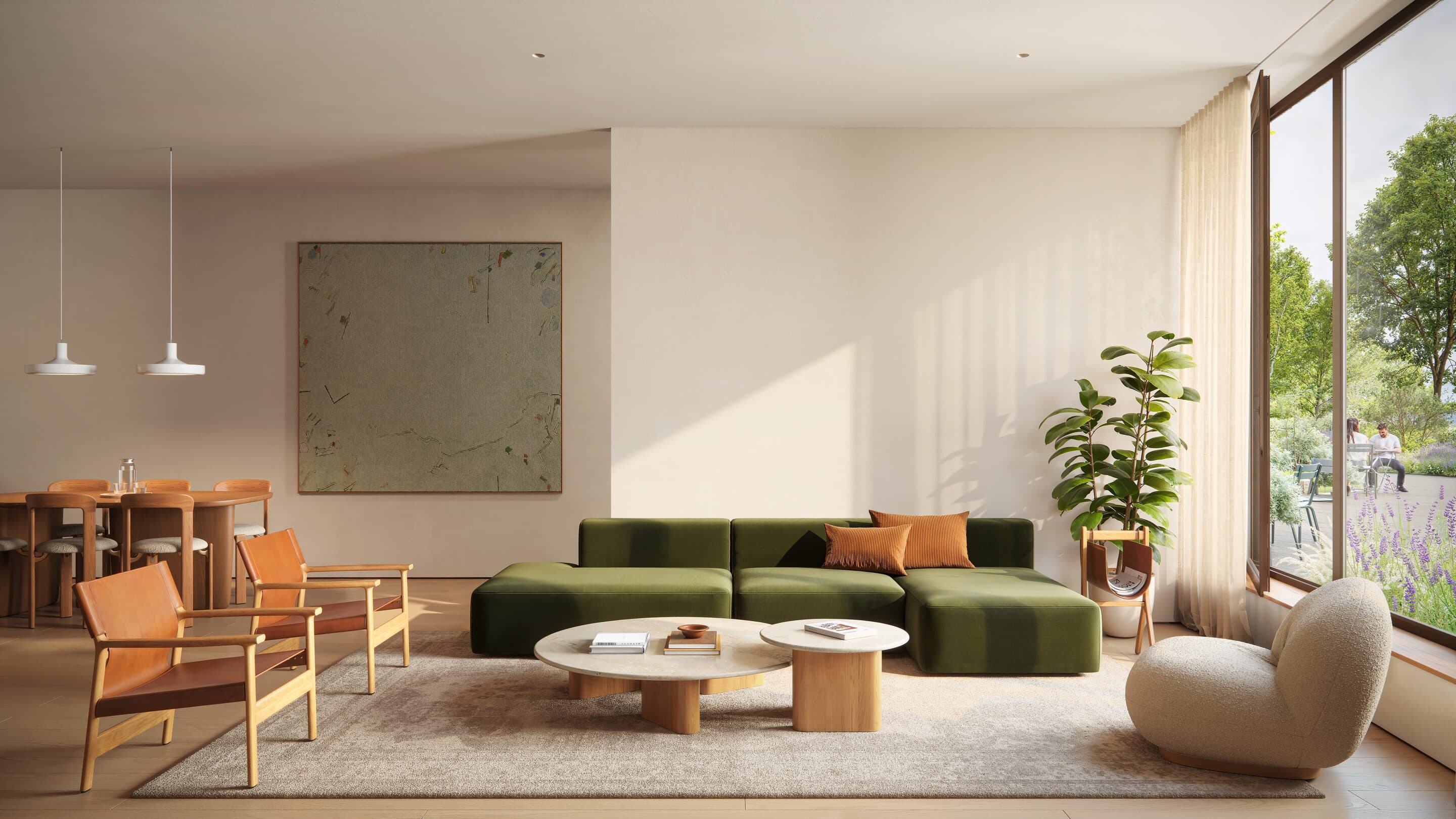 Artist impression of a sunlit living room with a green velvet sofa, two cognac leather armchairs, round stone coffee tables and a bouclé lounge chair, a dining table under two white pendant lamps, and a tall window onto a garden with lavender where two people sit at a table.